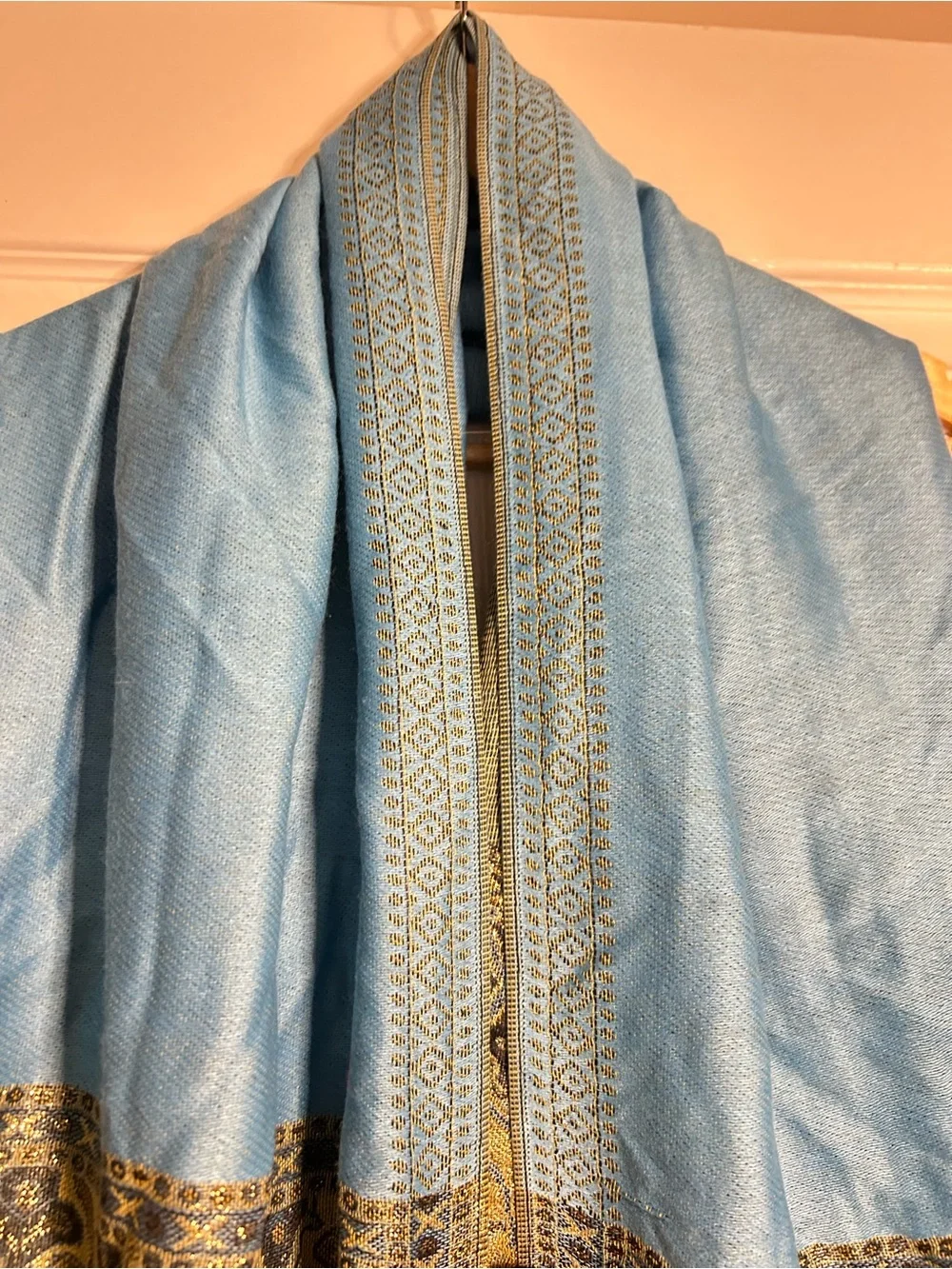 Pashmina Blue Gold Ornate Paisley Shawl Wrap Fringe Boho